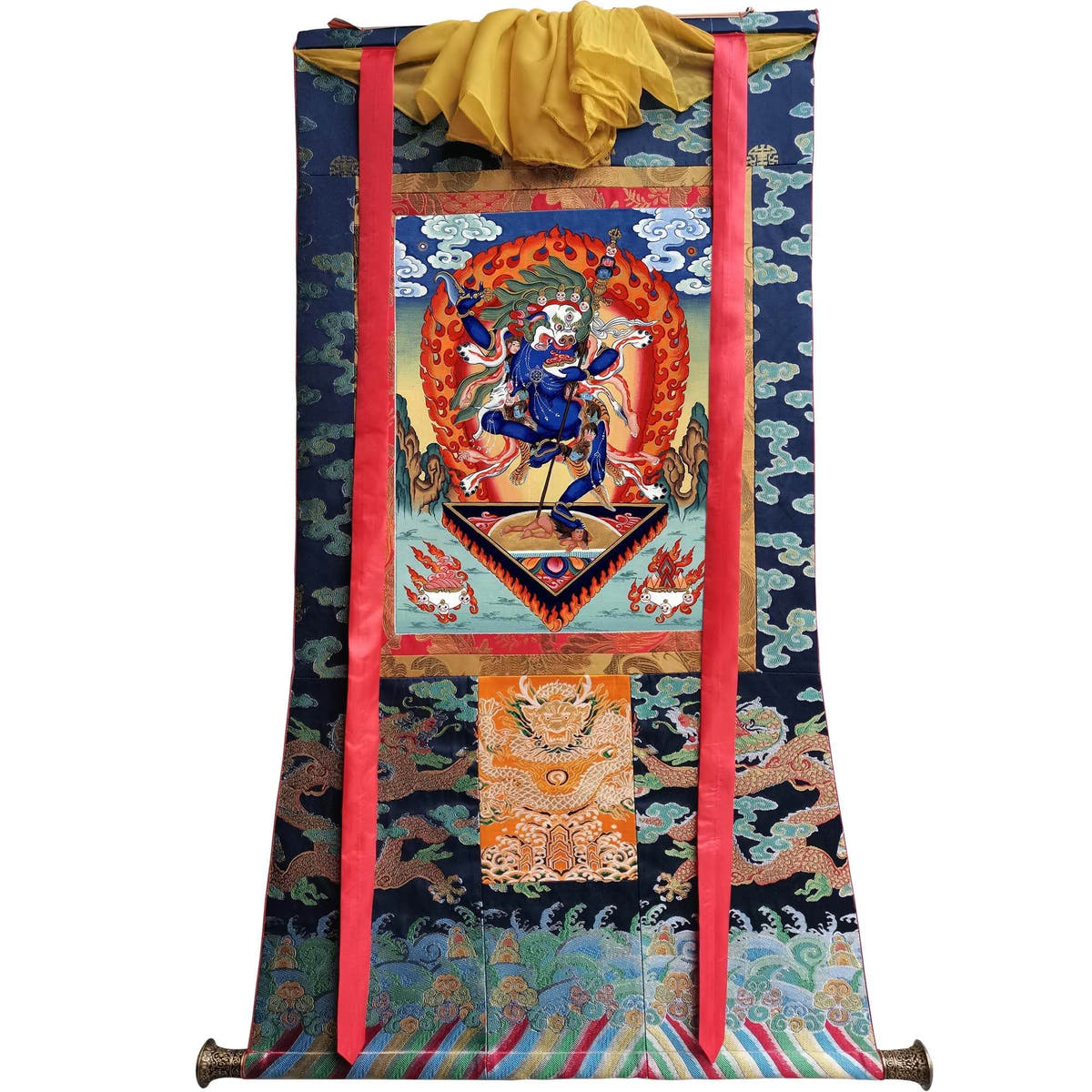 Lion-faced Dakini - Simhamukha - -Simhavaktra -Longsal Sengmar - Tibetan thangka painting, size reference
