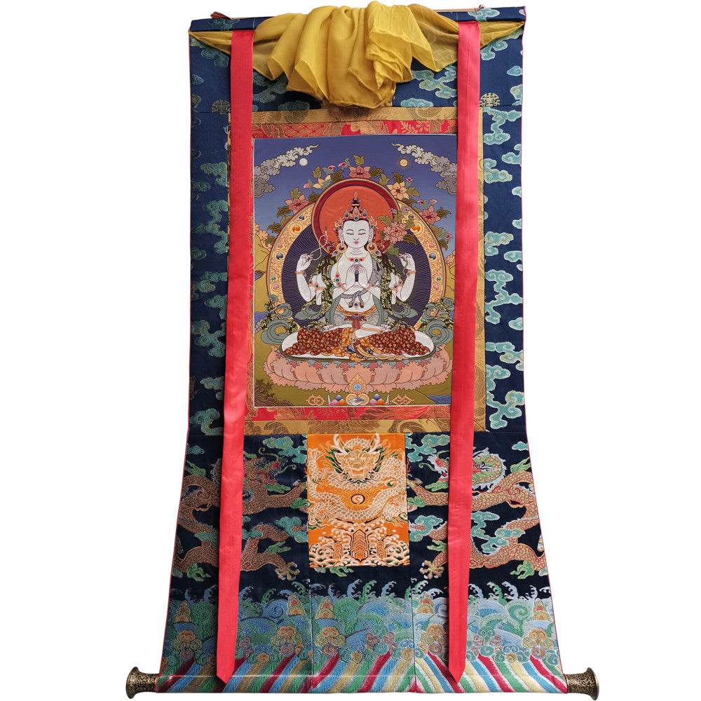 Chenrezig Image - Tibetan thangka painting, size reference