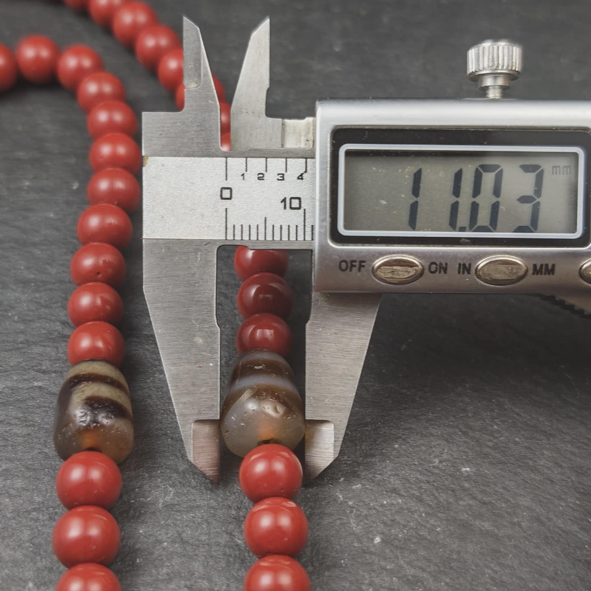 Tibetan Cinnabar Mala 108 Prayer Beads 8mm, Dzi Bead & Horn Guru Bead