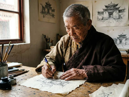 Elderly Tibetan artist Jixianjia sketching traditional architecture with a gel pen on Tibetan paper