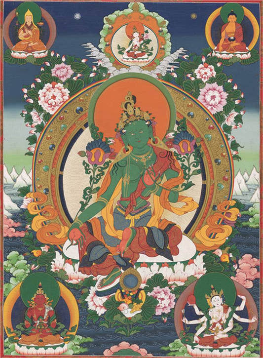 Green Tara Image - Tibetan thangka painting, front view