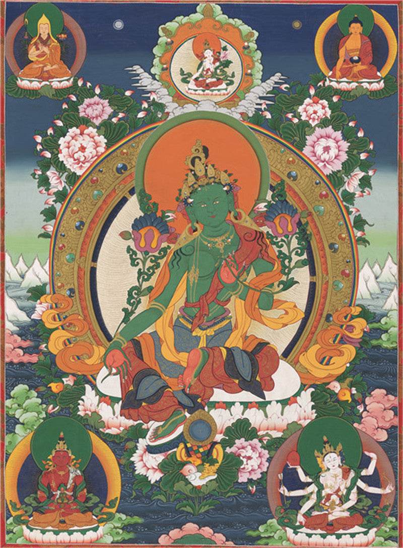 Green Tara Image - Tibetan thangka painting, front view