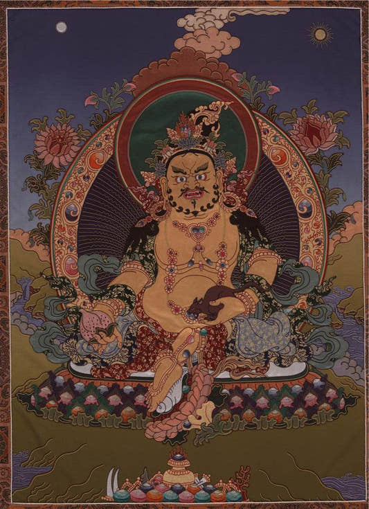 Yellow Jambhala - Tibetan thangka painting, front view