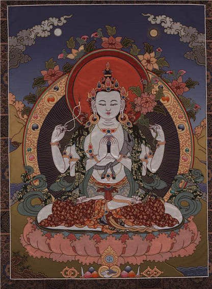 Chenrezig Image - Tibetan thangka painting, front view