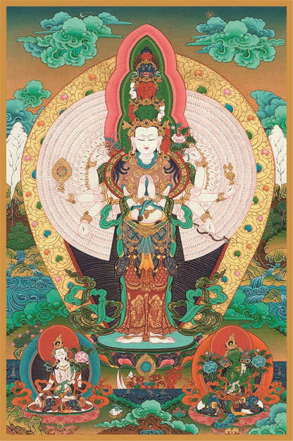The Thousand-hand Avalokiteshvara - Tibetan thangka painting, front view