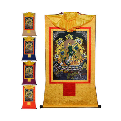 Green Tara - in Black Style - Tibetan thangka painting, front view