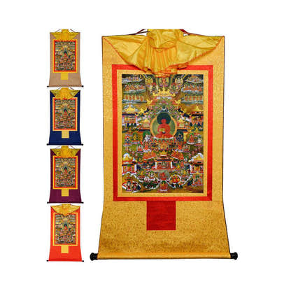 Elysium of Buddhism,Sukhavati - Tibetan thangka painting, front view