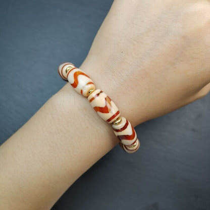 Fire Agate Tiger Tooth Dzi Bead Bracelet - Tibetan Buddhist mala beads, view 6