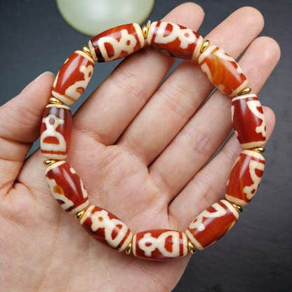 Tibetan Fire Agate Tiger Tooth Dzi Bead Bracelet - Tibetan Buddhist mala beads, view 6