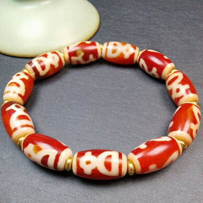 Tibetan Fire Agate Tiger Tooth Dzi Bead Bracelet - Tibetan Buddhist mala beads, view 5