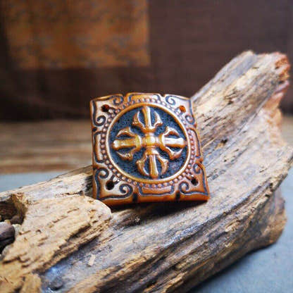 Yak Bone Carved Cross Vajra Amulet Badge, Tibetan Buddhist Pendant - Tibetan Buddhist amulet, detailed view
