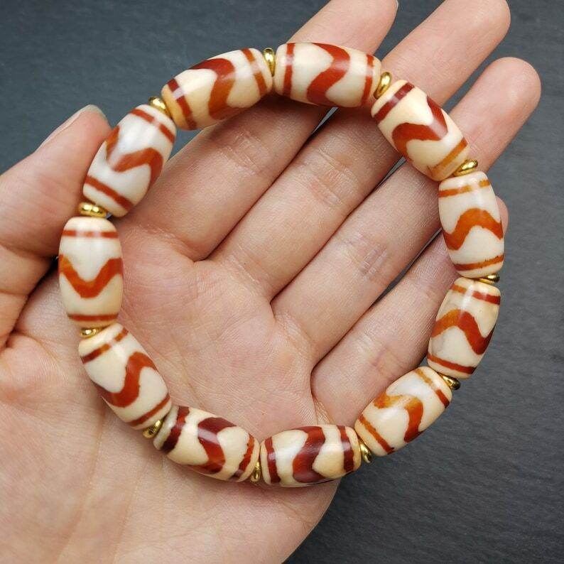 Fire Agate Tiger Tooth Dzi Bead Bracelet - Tibetan Buddhist mala beads, view 4