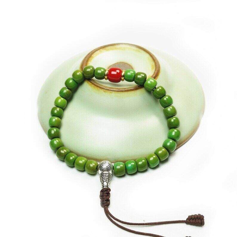 Tibetan Wrist Mala, Turquoise + Agate Beads Bracelet,Wrist Prayer Bead,9" Length - Tibetan Buddhist mala beads, view 4