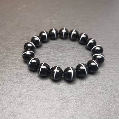 Black Agate Prayer Beads Bracelet - Tibetan Buddhist art, size reference
