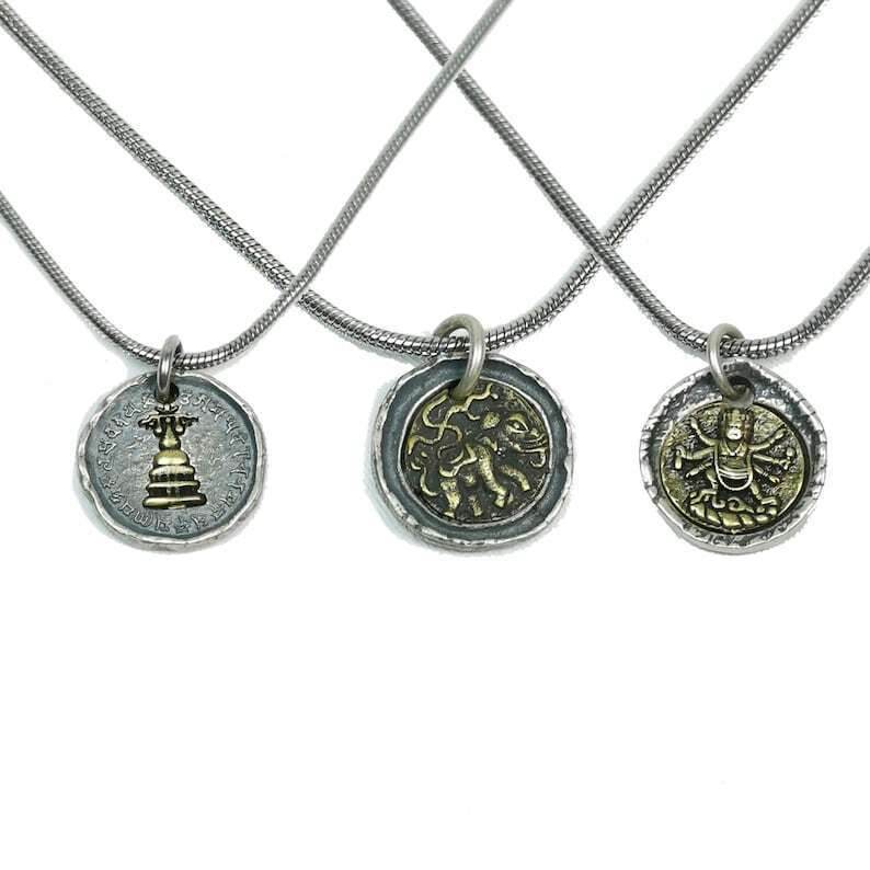 Tibetan Buddhism Lucky Charm, Silver Amulet of Mahakala,Ganesha Elephant,Stupa - Tibetan Buddhist amulet, front view
