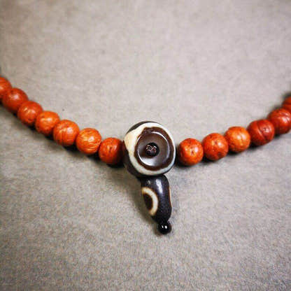 Tiger Tooth Dzi Guru Bead,T-drilled 3-Hole Mala Bead, Prayer Bead,Connector Bead - Tibetan Buddhist mala beads, detailed view