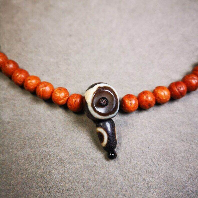 Tiger Tooth Dzi Guru Bead,T-drilled 3-Hole Mala Bead, Prayer Bead,Connector Bead - Tibetan Buddhist mala beads, detailed view