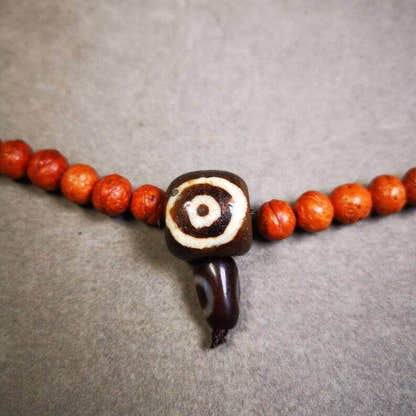 Old 2 Eyed Dzi Guru Bead,T-drilled 3-Hole Mala Bead - Tibetan Buddhist mala beads, close-up detail