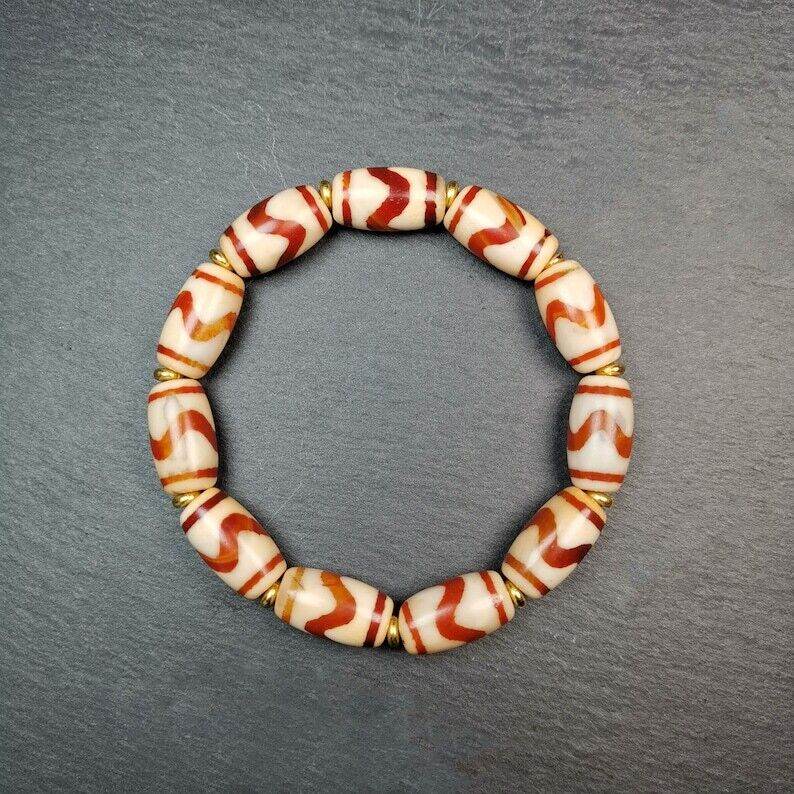 Fire Agate Tiger Tooth Dzi Bead Bracelet - Tibetan Buddhist mala beads, view 8