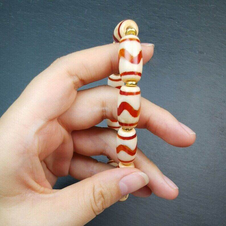 Fire Agate Tiger Tooth Dzi Bead Bracelet - Tibetan Buddhist mala beads, view 7