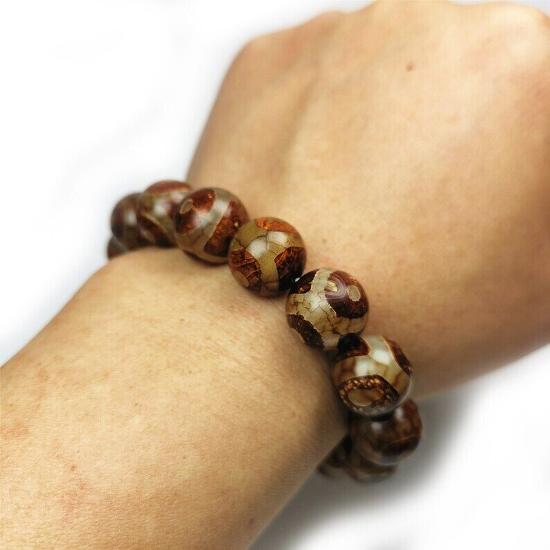 3 Eyes Dzi Beads Bracelet,Wrist Mala,0.55" - Tibetan Buddhist mala beads, view 8