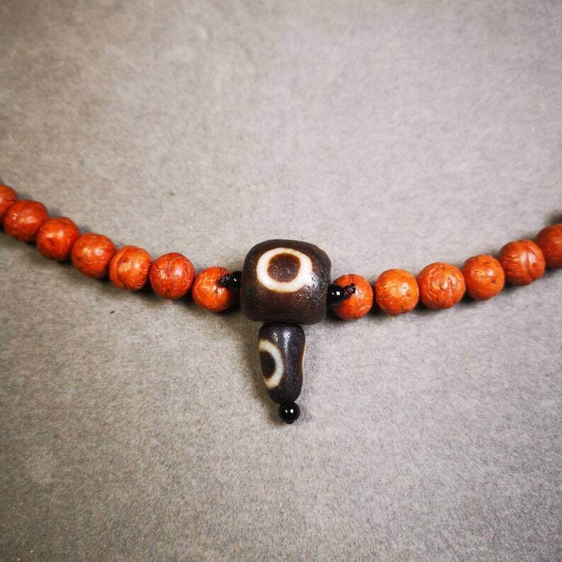 Sky Earth Dzi Guru Bead,T-drilled 3-Hole Mala Bead - Tibetan Buddhist mala beads, detailed view