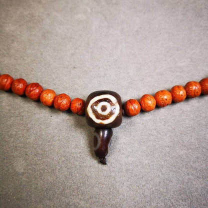 Old 2 Eyed Dzi Guru Bead,T-drilled 3-Hole Mala Bead - Tibetan Buddhist mala beads, front view