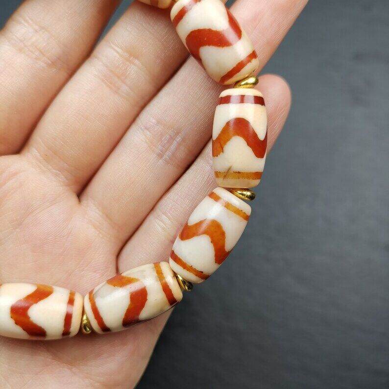 Fire Agate Tiger Tooth Dzi Bead Bracelet - Tibetan Buddhist mala beads, view 5