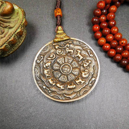 Amulet,Melong Mirror, SIPAHO srid pa ho ,Jiugong Bagua Badge - Tibetan Buddhist amulet, front view