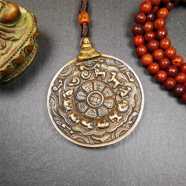 Amulet,Melong Mirror, SIPAHO srid pa ho ,Jiugong Bagua Badge - Tibetan Buddhist amulet, front view