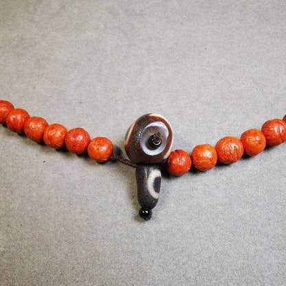 Sky Earth Dzi Guru Bead,T-drilled 3-Hole Mala Bead - Tibetan Buddhist mala beads, close-up detail