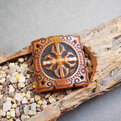 Yak Bone Carved Cross Vajra Amulet Badge, Tibetan Buddhist Pendant - Tibetan Buddhist amulet, front view