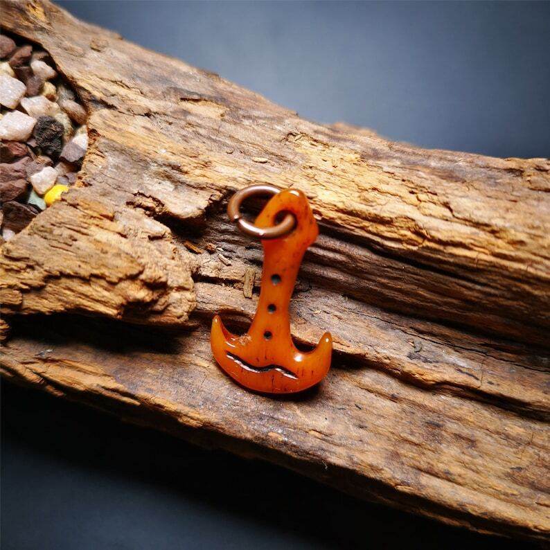Yak Bone Carved Amulet,Anchor Pendant - Tibetan Buddhist amulet, front view