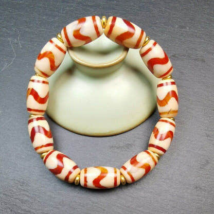 Fire Agate Tiger Tooth Dzi Bead Bracelet - Tibetan Buddhist mala beads, front view