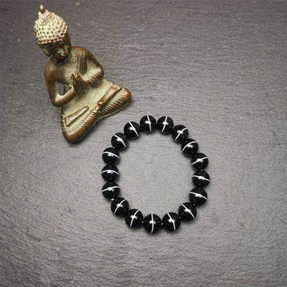 Black Agate Prayer Beads Bracelet - Tibetan Buddhist art, detailed view