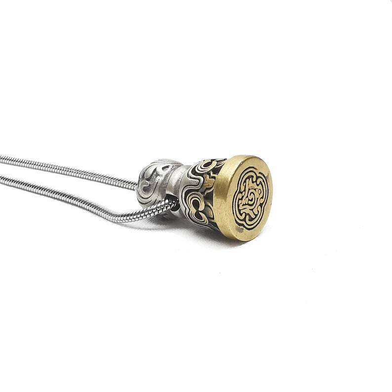 Tibetan Lucky Charm, Unique Mandala Conch Pattern,Silver Seal Pendant - Tibetan Buddhist art, detailed view
