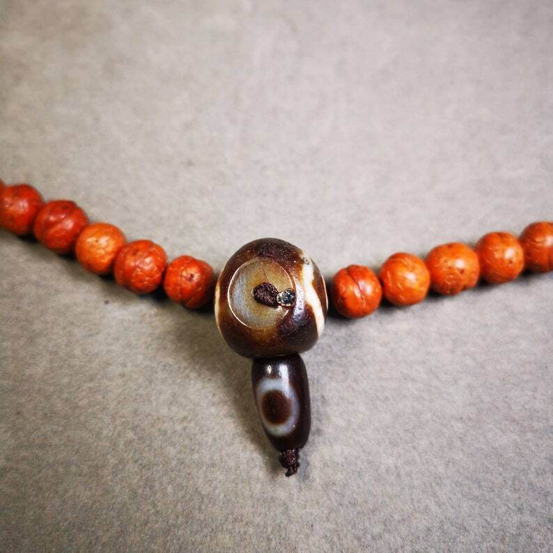 Old 2 Eyed Dzi Guru Bead,T-drilled 3-Hole Mala Bead - Tibetan Buddhist mala beads, detailed view