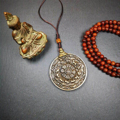 Amulet,Melong Mirror, SIPAHO srid pa ho ,Jiugong Bagua Badge - Tibetan Buddhist amulet, detailed view