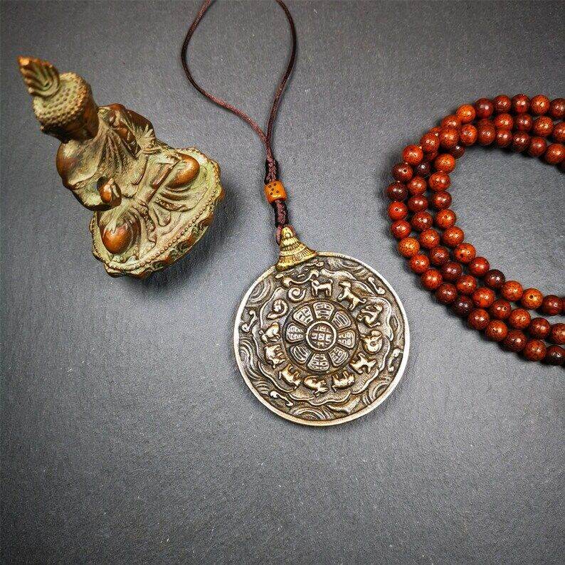 Amulet,Melong Mirror, SIPAHO srid pa ho ,Jiugong Bagua Badge - Tibetan Buddhist amulet, detailed view