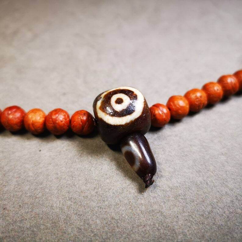 Old 2 Eyed Dzi Guru Bead,T-drilled 3-Hole Mala Bead - Tibetan Buddhist mala beads, view 4