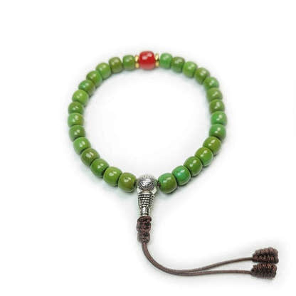 Tibetan Wrist Mala, Turquoise + Agate Beads Bracelet,Wrist Prayer Bead,9" Length - Tibetan Buddhist mala beads, front view