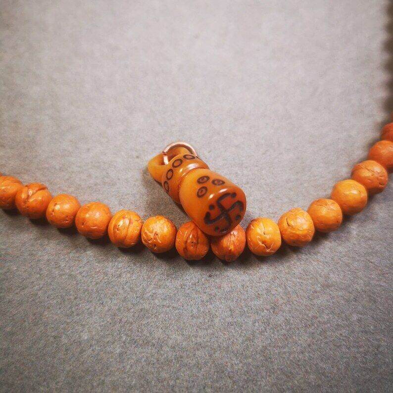 Yak Bone Carved Seal Amulet, Swastika Pattern Stamp Pendant - Tibetan Buddhist amulet, view 4