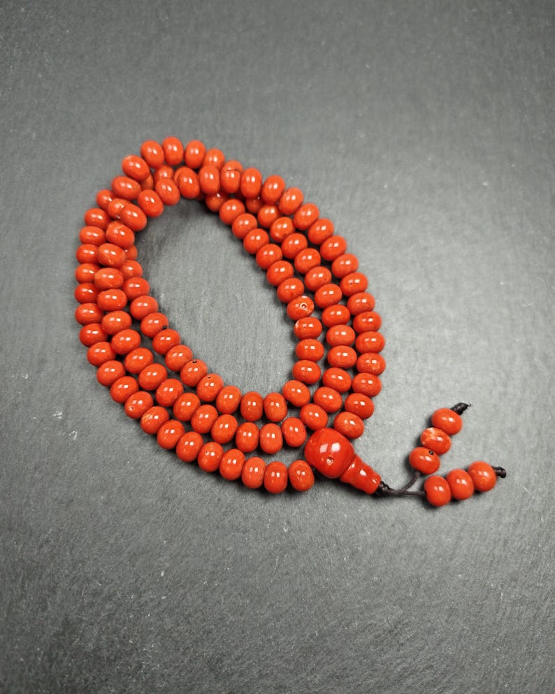 10mm Red Bamboo Coral Necklace Mala - Tibetan Buddhist mala beads, front view