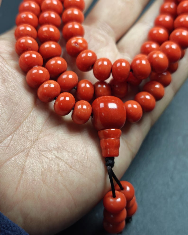 10mm Red Bamboo Coral Necklace Mala - Tibetan Buddhist mala beads, close-up detail