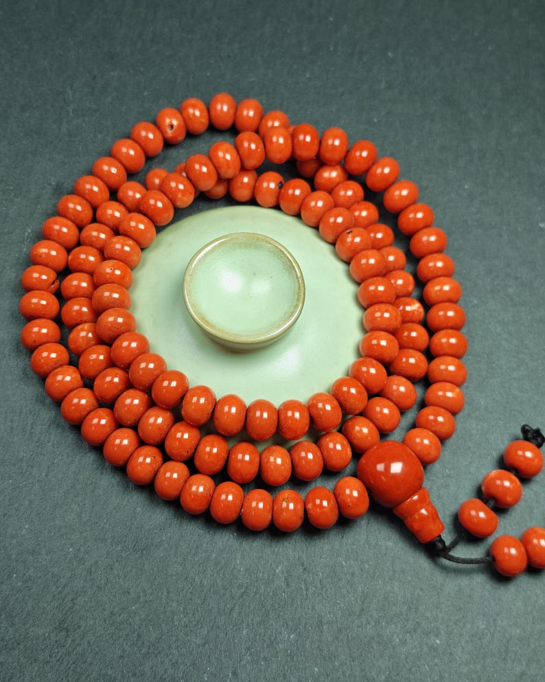 10mm Red Bamboo Coral Necklace Mala - Tibetan Buddhist mala beads, view 4