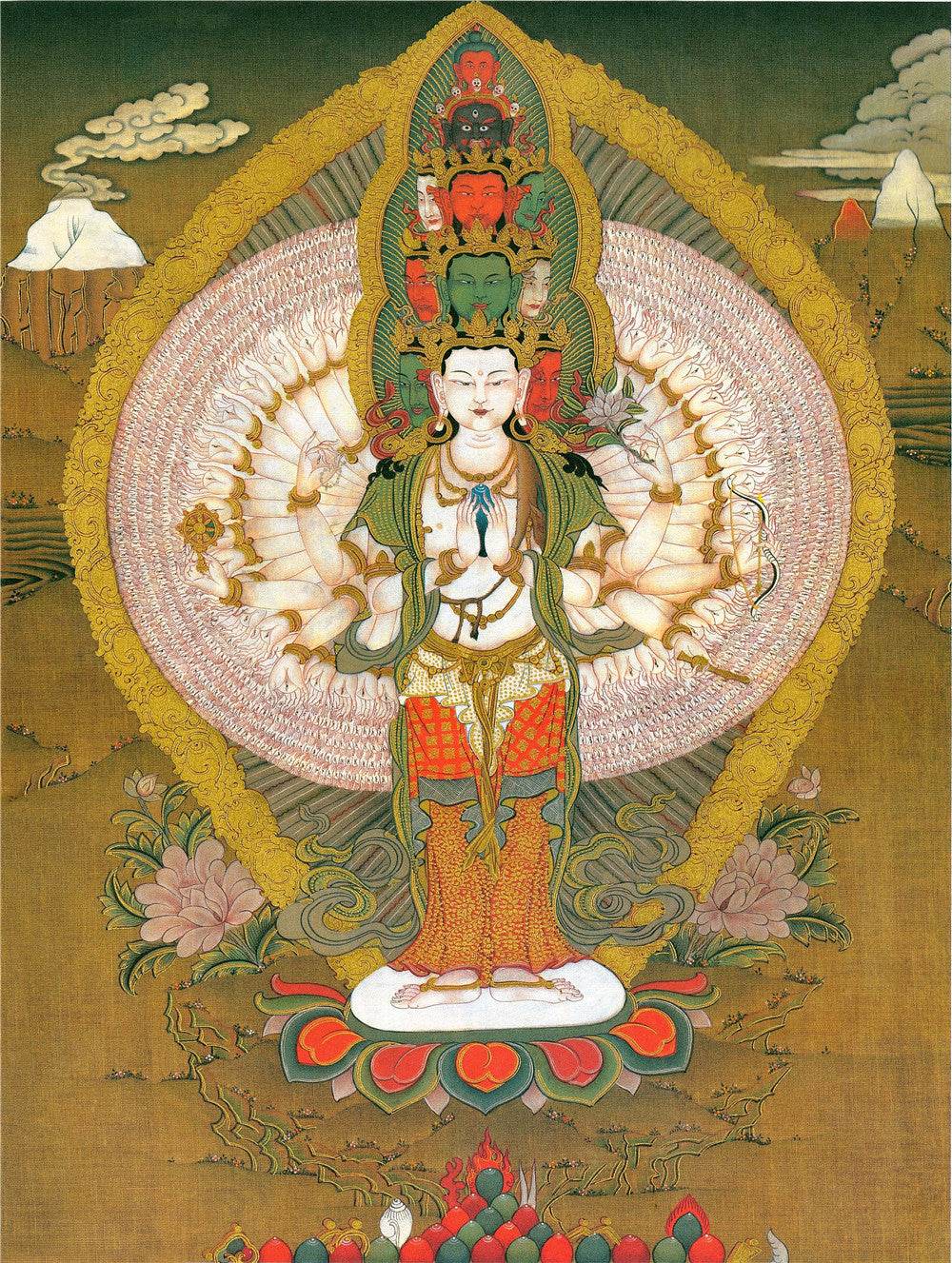 The Thousand-hand Avalokiteshvara - Tibetan thangka painting, front view