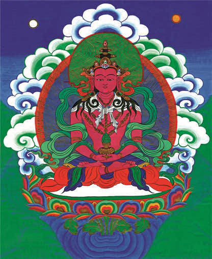 Amitayus - the Buddha of Longevity - Tibetan thangka painting, front view