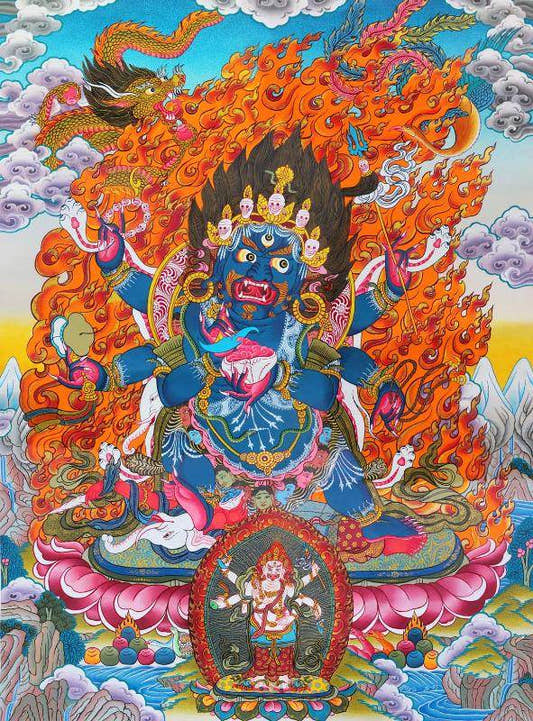 Mahakala - Tibetan thangka painting, front view