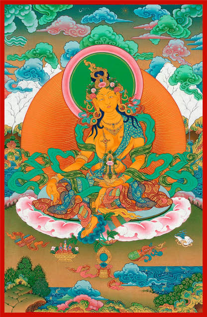 Green Tara - Tibetan thangka painting, front view