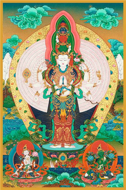 1000 Arms Avalokiteshvara Image - Tibetan thangka painting, front view